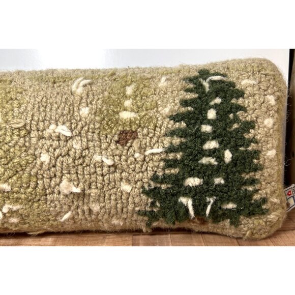 Chandler 4 Corner Wool Hooked Lumbar Pillow With Evergreen Tree Design Handmade - Picture 3 of 7